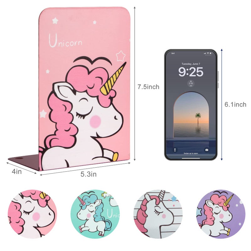 Zyners 8 Pieces Bookends, Metal Bookends for Shelves, Non-Skid Heavy Duty, Unicorn Cute Book Ends for Kids, Girls, Children(5.3 x 4 x 7.5 inches) - Image 2